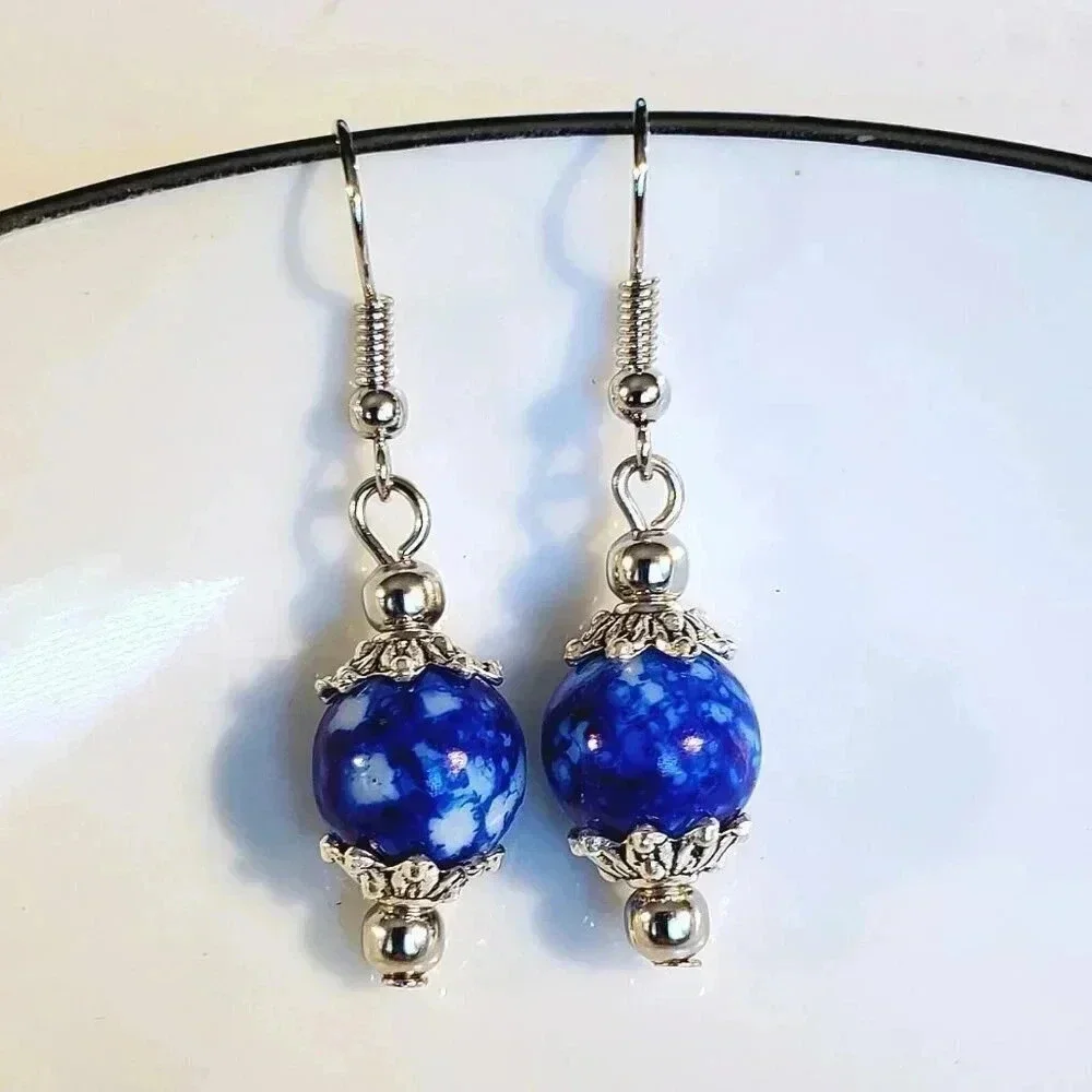 Art Nouveau Mottled Cobalt Blue White Glass Beads Antiqued Silver Earrings
